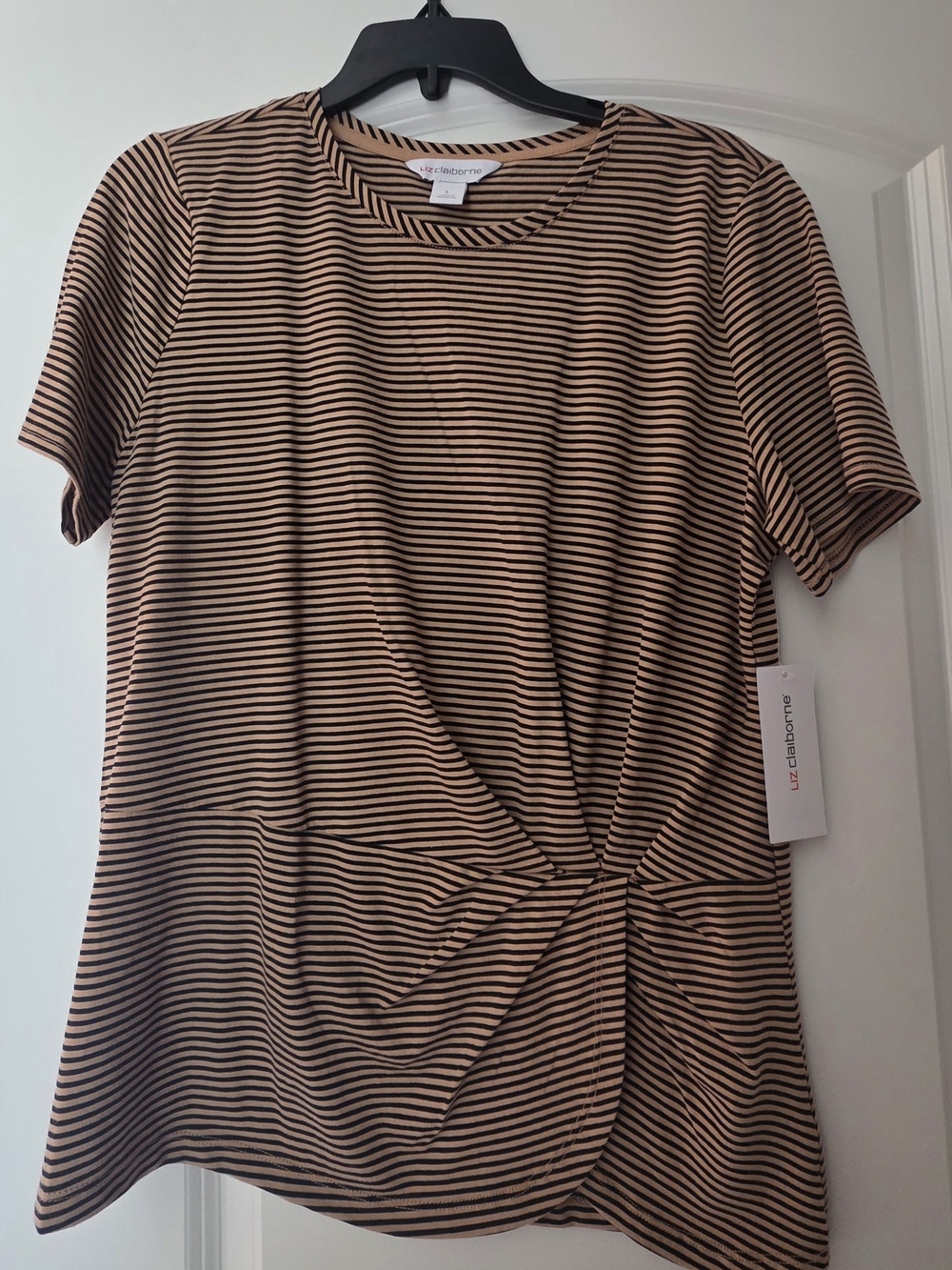 Liz Claiborne Tan and Black Striped Short-Sleeve Twist-Front Top